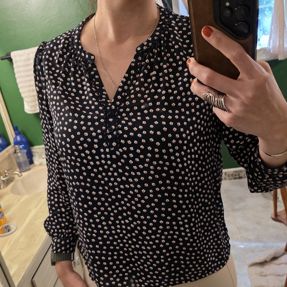 Banana Republic Petite Printed Blouse Women's PL Navy Floral Button Front Top